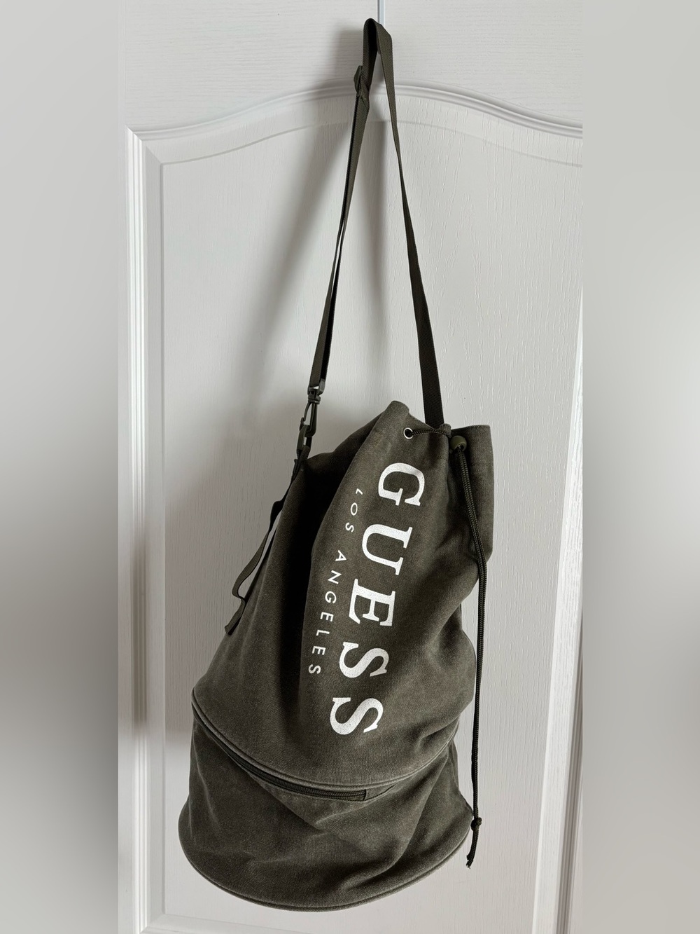 Guess Los Angeles Army Green Canvas Sling Bucket Duffle Weekend Gym Bag Tote 15”